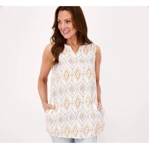 Denim & Co Naturals Printed Linen Blend Top w/ Pockets Size S Beach A500901